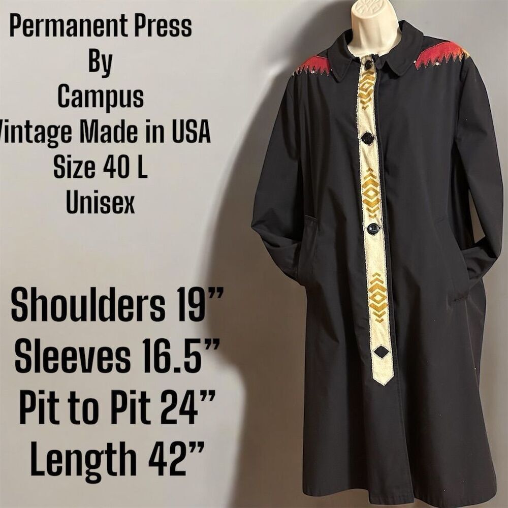 Vintage Campus Permanent Press Black Unisex Southwestern Embellished Trench Coat - Picture 10 of 16